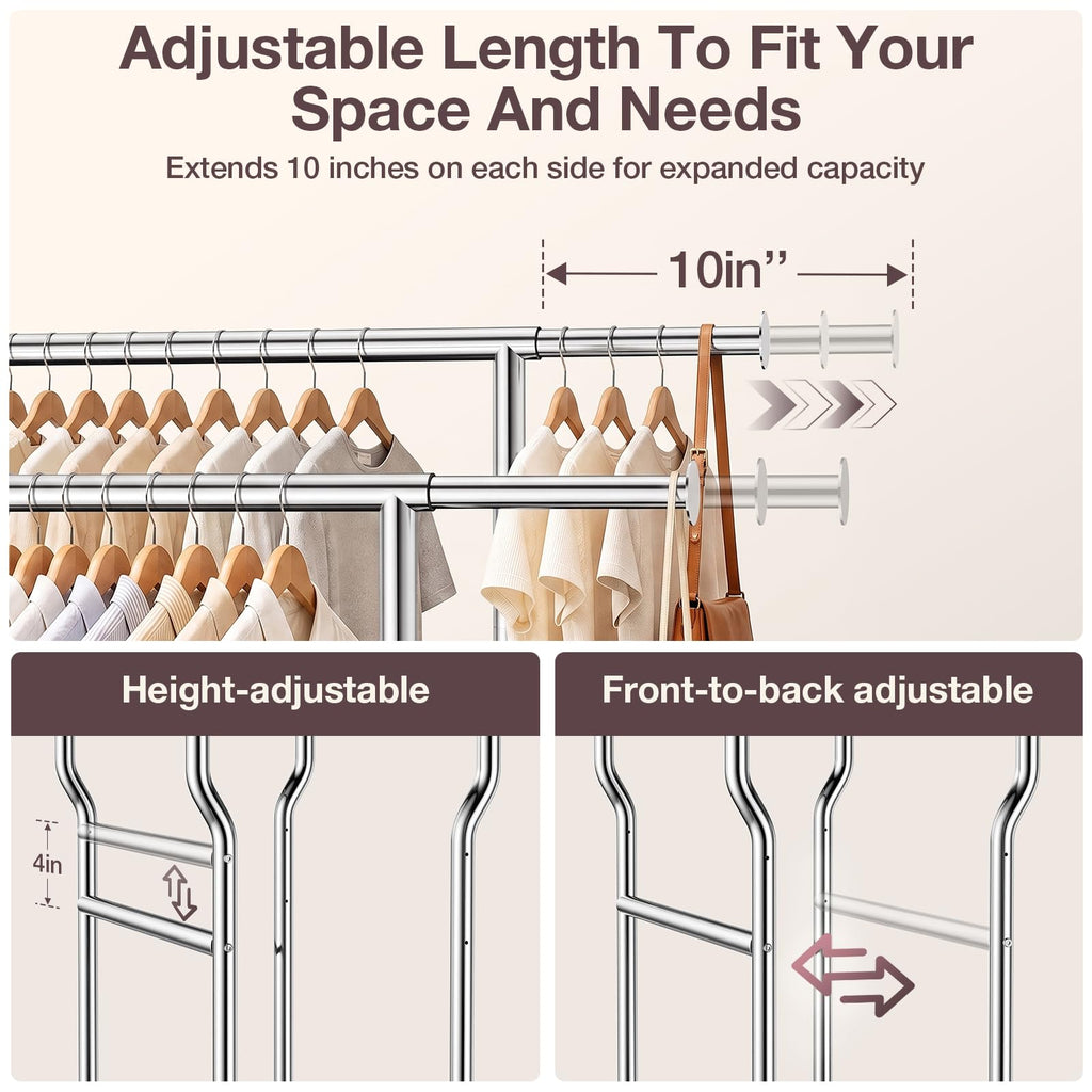 Heavy Duty Clothes Rack Load 960LBS, Adjustable Three Rods Rolling Garment Rack with Double-Layer Bottom Shelf