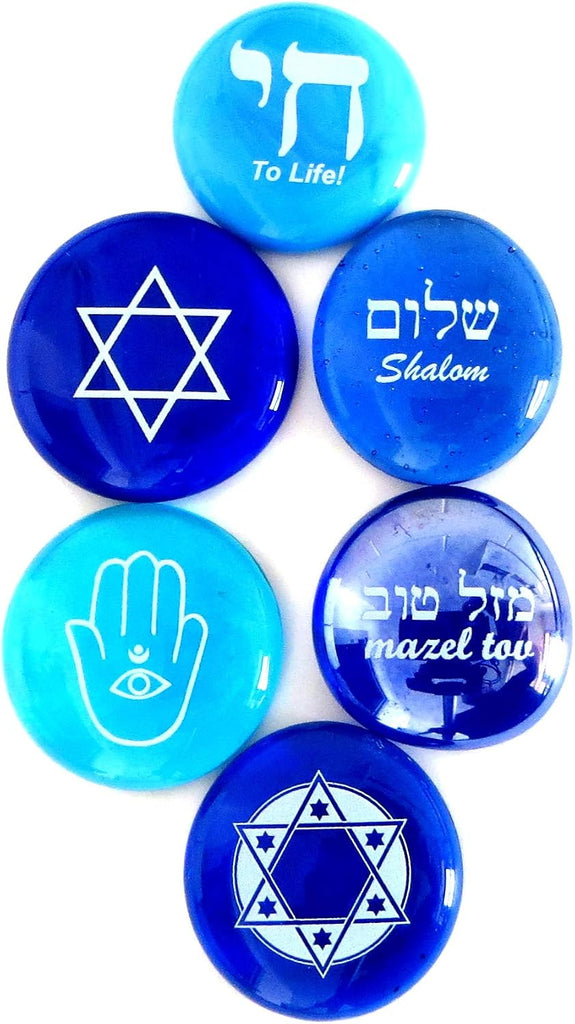 Judaica Glass Stones: Chai, Star of David, Hamsa, Mazel Tov and Shalom on Shades of Blue, Set of Six - Set of 6