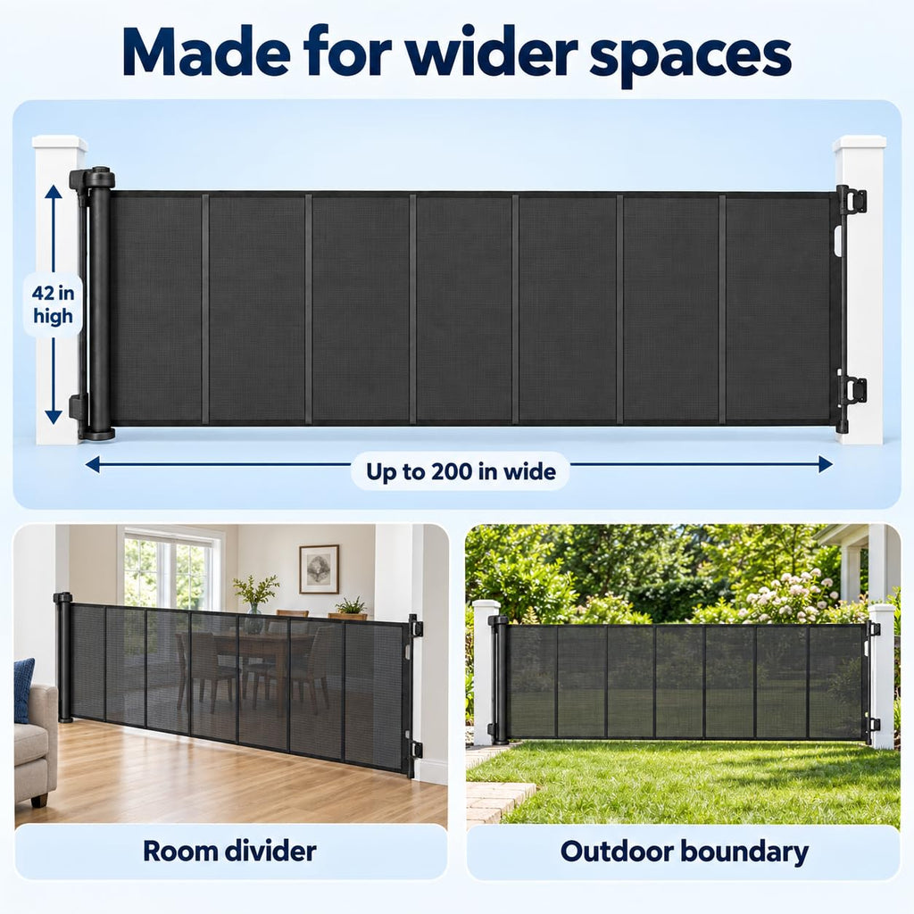 200" Extra Wide Retractable Baby Gate, 42" Tall Dog Gate for Stairs