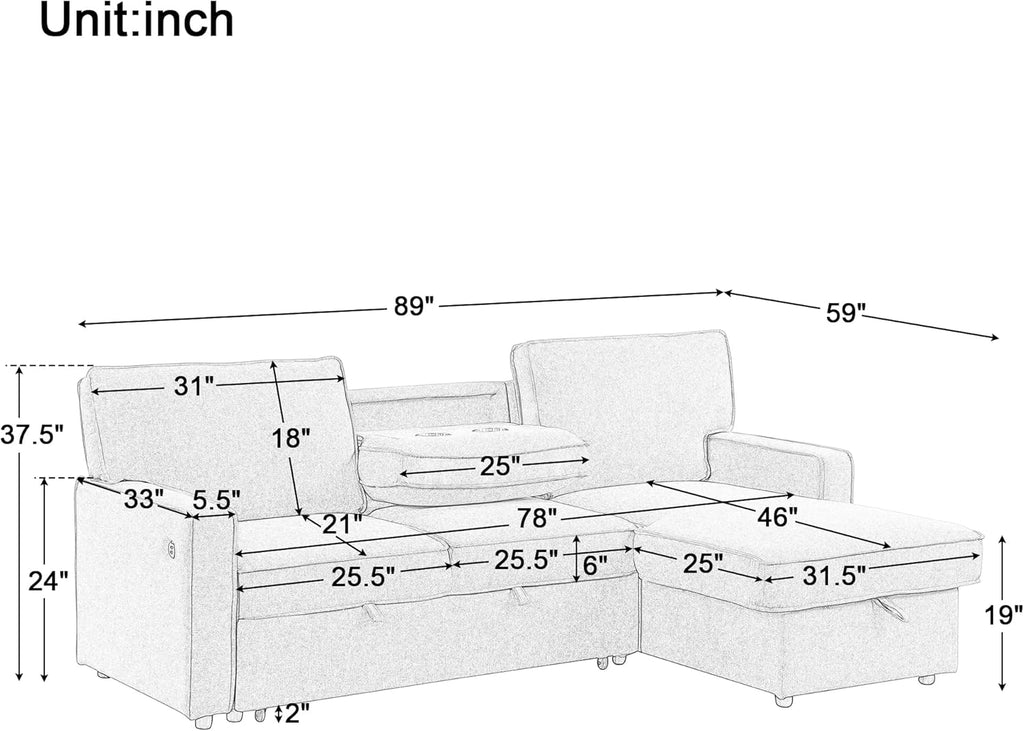 89" Convertible L-Shaped Sleeper Sofa Bed with Storage Chaise, Gray | Modern L-Shaped Sectional Pull Out Couch