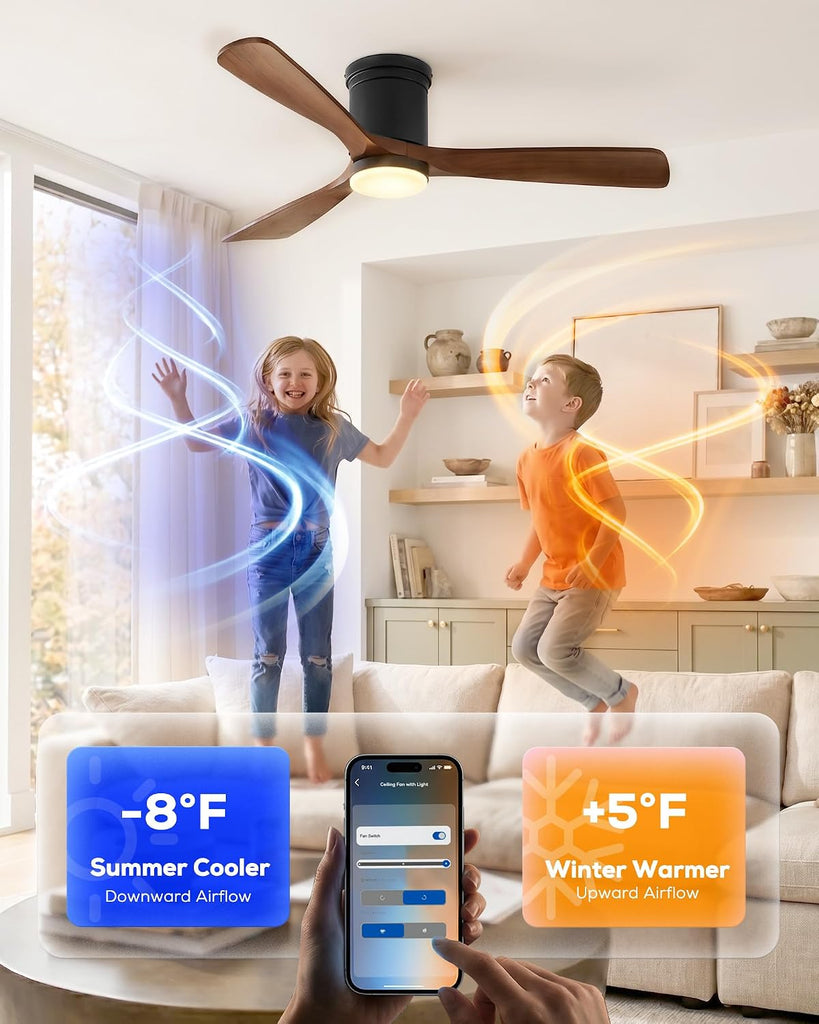 52 Inch Smart Flush Mount Ceiling Fan with Light, Low Profile Ceiling Fan with 3 Solid Wood Walnut Blades, Dimmable LED, Ultra Quiet DC Motor, Alexa & Remote Control, Indoor Outdoor, Walnut