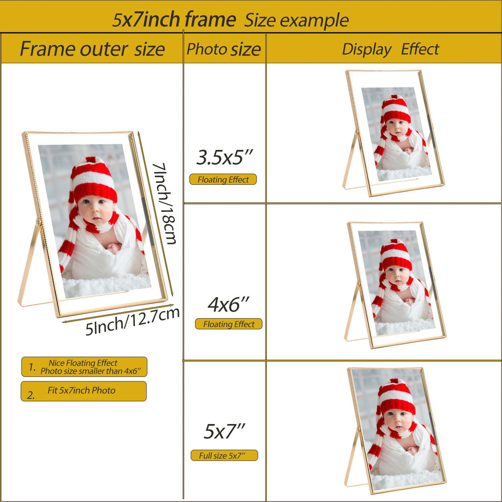 Gold 5x7'' Floating Frame Set of 2, For Photo Sizes (3.5 x5'', 4x 6'' up to 5x7'' ), Beautiful Metal Lace Edge Frames