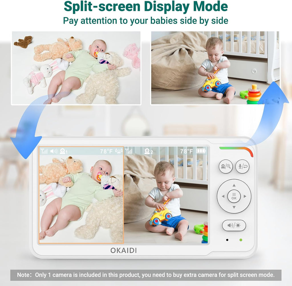 6" Screen Baby Monitor with 2 Cameras, Pan-Tilt-Zoom Camera No WiFi