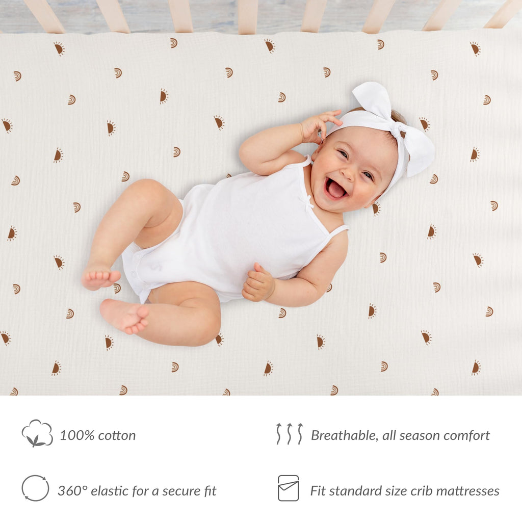 Muslin Fitted Crib Sheet, 100% Cotton, 28"x52", Sun Rainbow