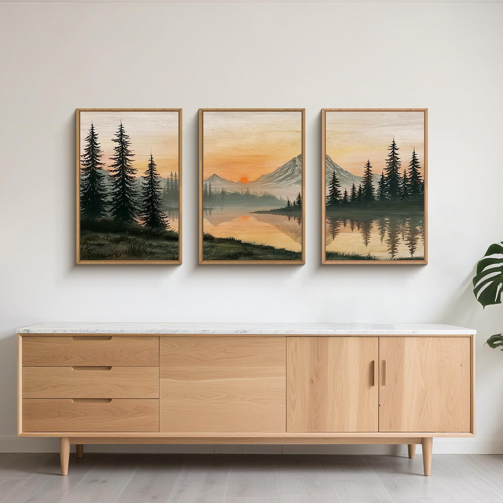 Nature Mountain Sunset Framed Canvas Wall Art, Boho Pine Trees Wall Decor, Sunset Forest Lake Painting, Modern Landscape