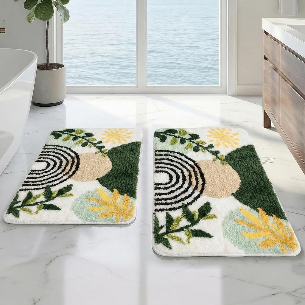 Boho Abstract Gold Plant Bathroom Rug Set 2 Piece Fluffy Microfiber Non-Slip Water Absorbent Bath Mat Soft Washable