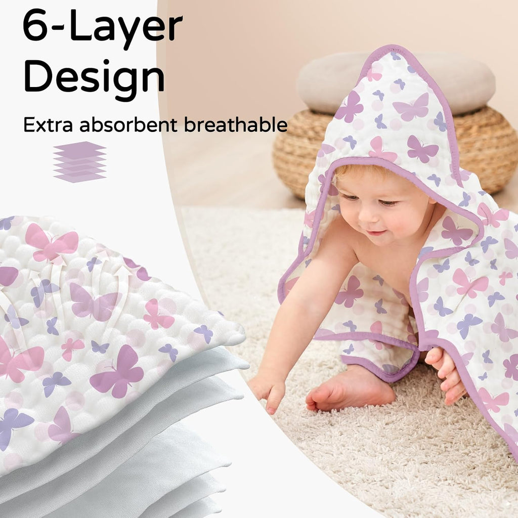 Hooded Baby Bath Towels 2 Pack 100% Muslin Organic Cotton with Hood