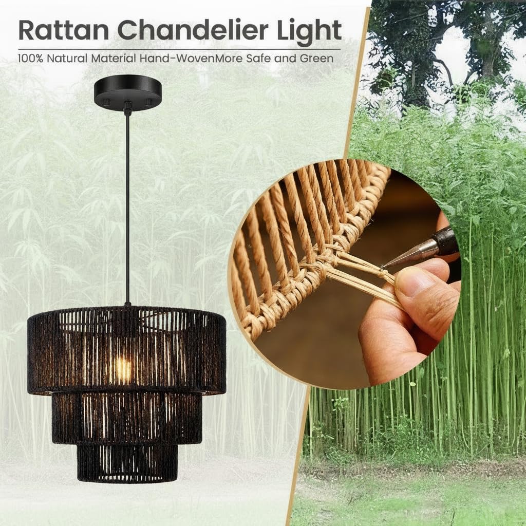 Boho Rattan Chandelier Light, 3-Tier Hand Woven Pendant Ceiling Light, 13" Farmhouse Coastal Wicker Chandelier Hanging