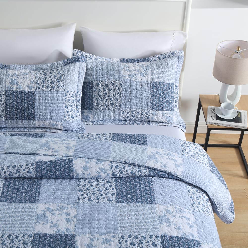 Cotton Bedspread Quilt, Reversible Lightweight Coverlets with 2 Shams, Rose Floral Plaid Pattern Rustic