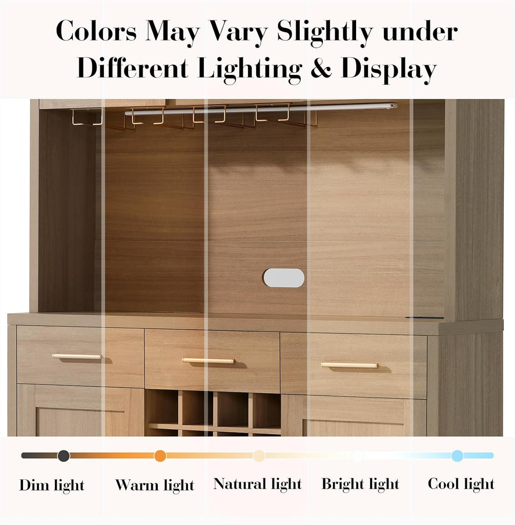 77" Tall Pantry Cabinet & Coffee Bar Cabinet with Storage,Gray Oak | Wine Cabinet Home with LED Lighting & Charging