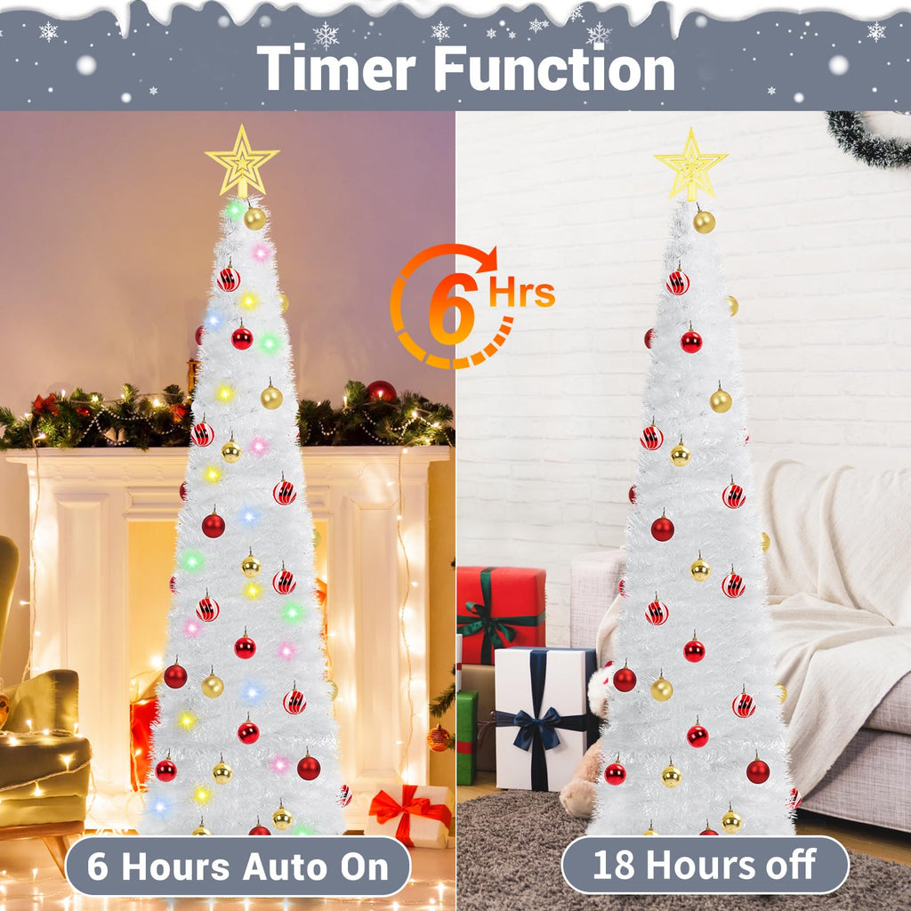5 Ft Prelit Tinsel Pop Up with 8 Light Adjustment Modes 50 Remote Color Lights Battery Operated, Pencil Artificial
