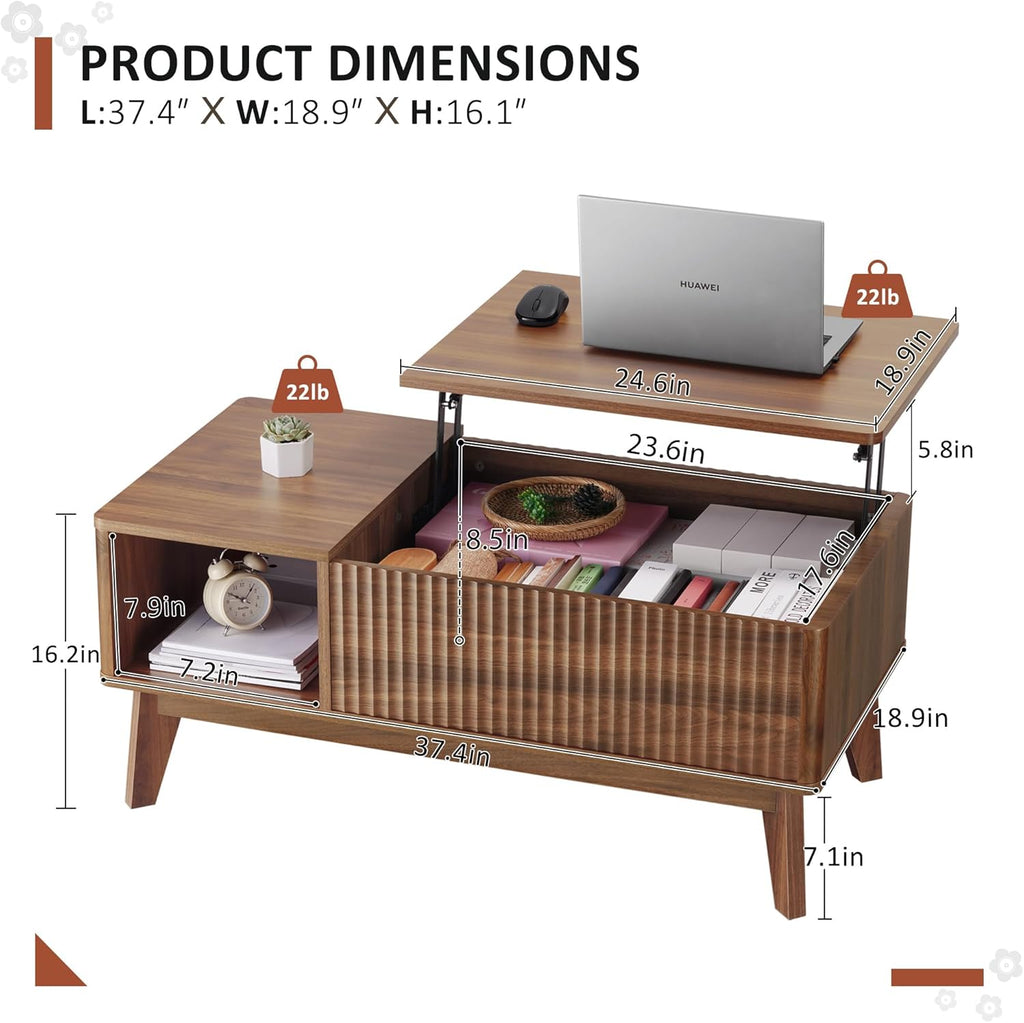 Fluted Lift Top Coffee Table with Storage, Modern Coffee Table（Walnut）
