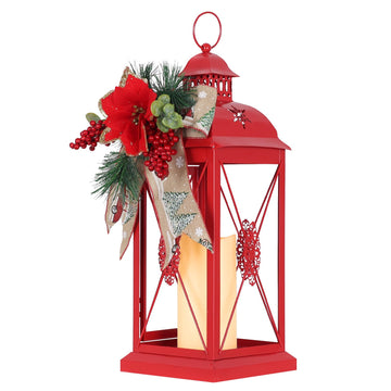 Christmas Decorations, 18" Metal Christmas Lantern with LED Candle and Floral Accents Decor, Decorative Hanging