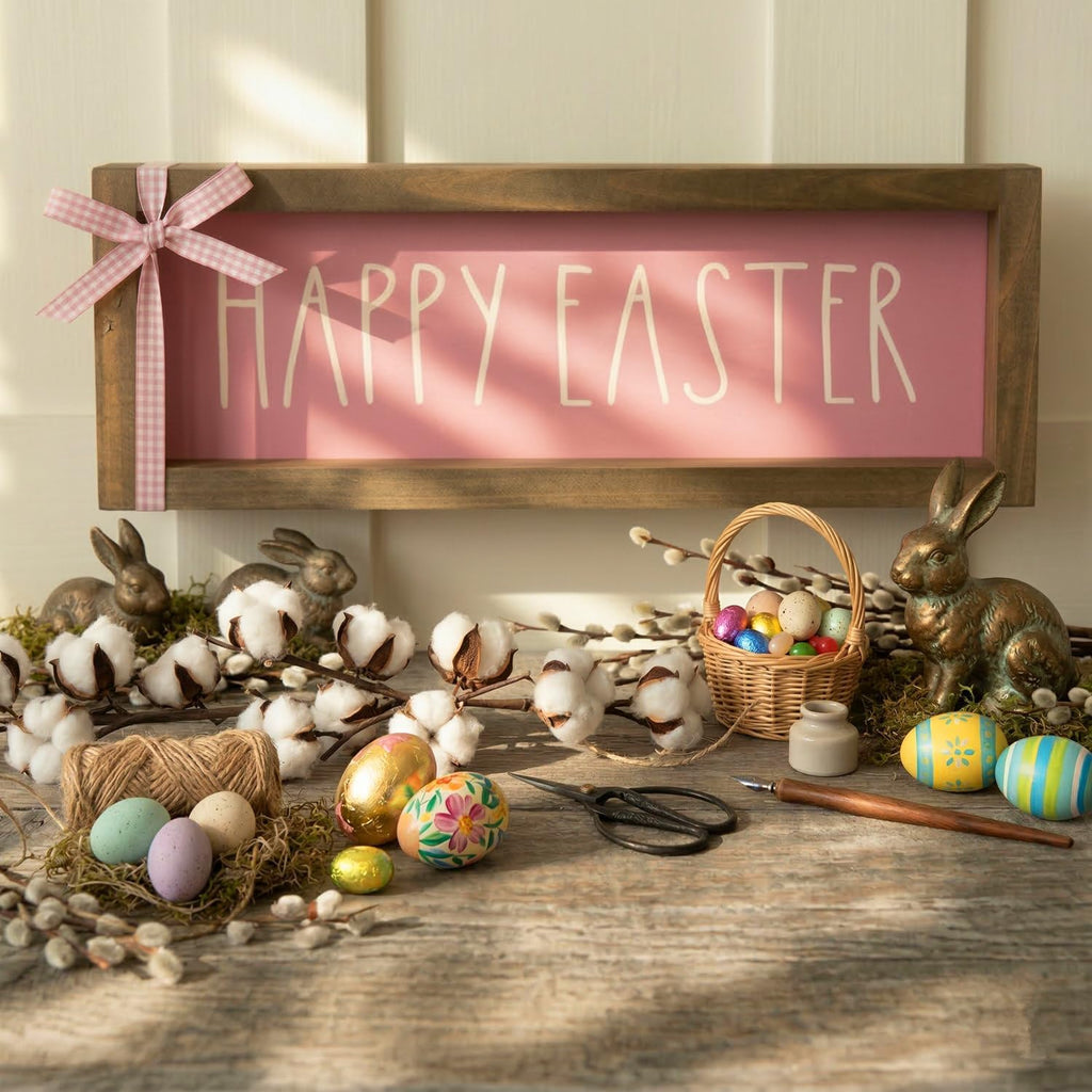 Happy Easter Sign, Wooden Pink Easter Table Top Decorations Indoor, Spring Wood Decorative Signage Wall Art Living