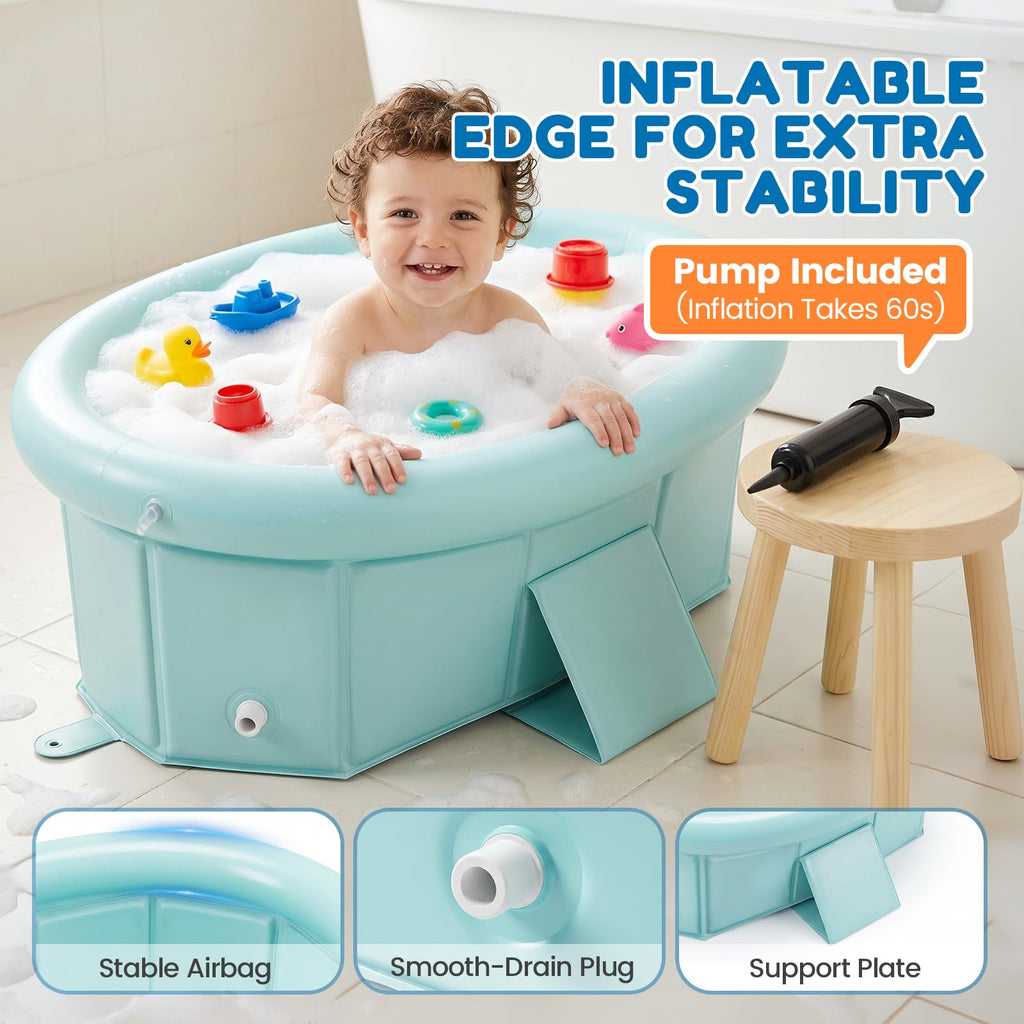 Portable Toddler Bathtub with Inflatable Top Edge & Side Drain Plug