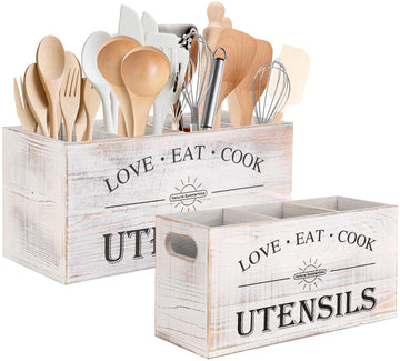 2 PC Wooden Utensil Holder,(With 4-Compartments size*1 + 3-Compartments size*1) Extra Large Kitchen Counter,Cooking
