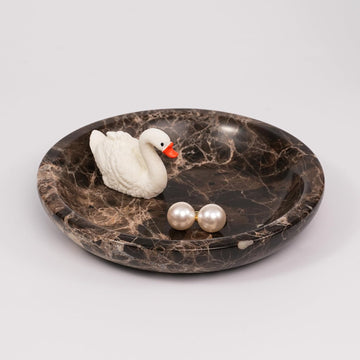 Brown Marble Jewelry Tray - Stone Trinket Ring Key Purse Holder Dish, Small Cute Round Plate Decorative Bowl