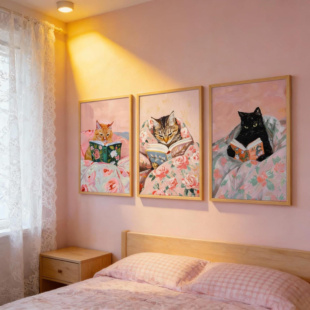 3Pcs Framed Vintage Cat Canvas Wall Art, Pink, 12''x16'' | Funny Animal Reading Books Pictures, Cute Kitten Lovers