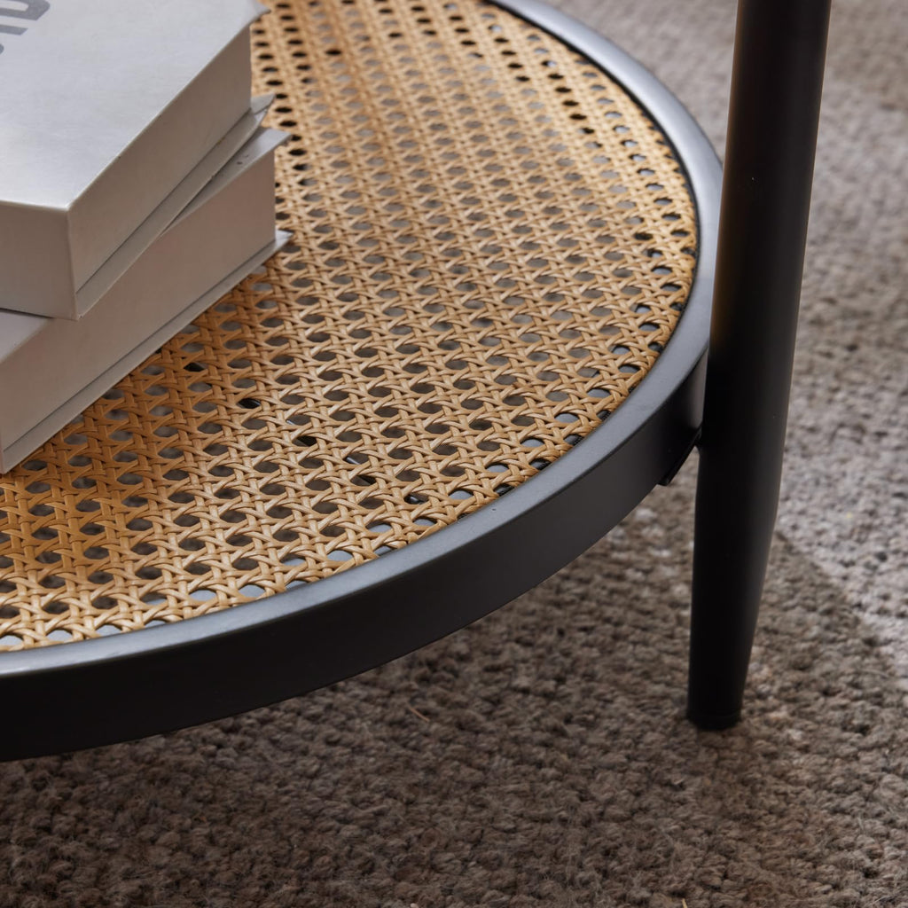 25.6" Round Glass Coffee Table, Rattan Coffee Table, Black