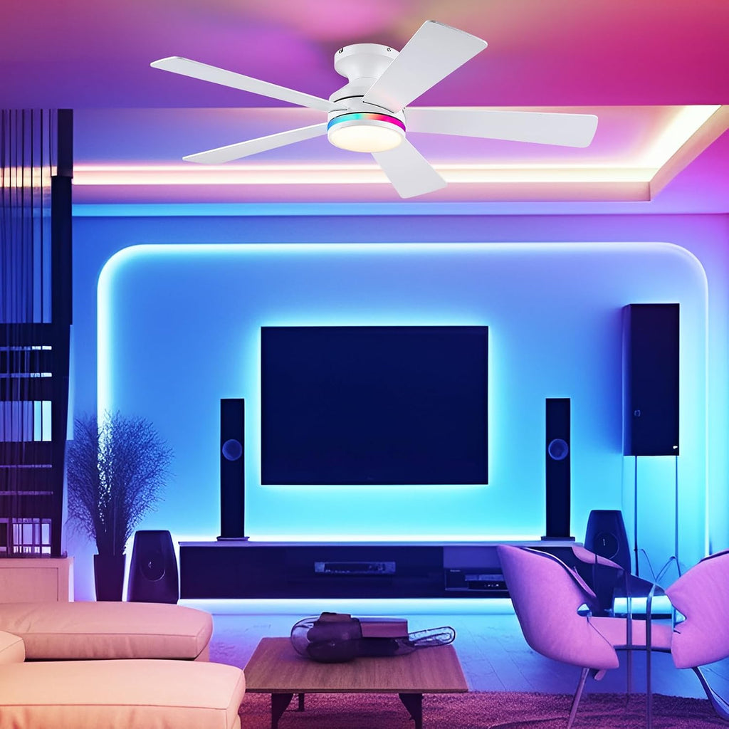 46" Flush Mount RGB Ceiling Fans with Lights - White Low Profile Ceiling Fan Light with Remote/APP, RGB+3CCT 6 Wind Speeds and Reversible, Modern Fan Light Fixture for Party, Kiad's Room A101-B0F1L6V1M2