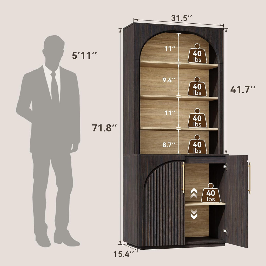 72'' Tall Arched Bookshelf with Fluted Doors, Modular Bookcase | Mid-Century Modern Accent Cabinet, 6 Tier Display