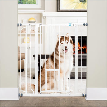 36" Extra Tall Walk Through Dog Gate for Doorways & Bottom of Stairs, Metal Pet Gate with Small Pet Door, Expands