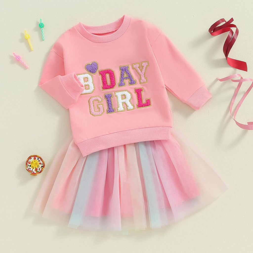 Toddler Baby Girls Birthday Outfits Birthday Girl Embroidery Letter Sweatshirt Tops+Rainbow Tutu Skirt Fall Clothes
