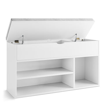 Shoe Storage Bench with Cushion, Entryway Bench with Lift-Top Storage Box and 2 Tiers Open Shoe Rack, Wooden Shoe