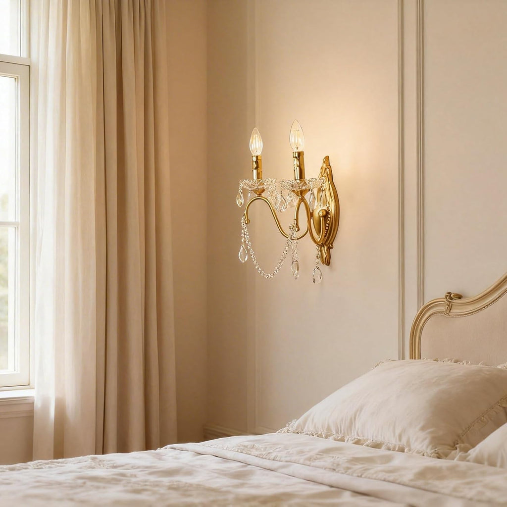 French Vintage Crystal Wall Sconce, Victorian 2-Light Gold Iron Finish, E12 Traditional Candle Style Wall Lamp for