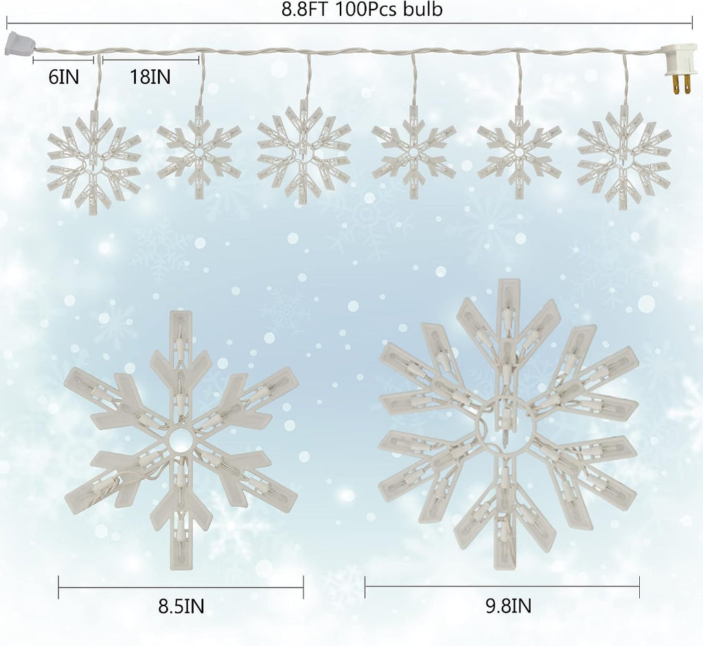 8.5 FT Snowflake Lights with 6 Drops, 100 Counts Clear Blubs Christmas String Lights, Plug in & Connectable Icicle