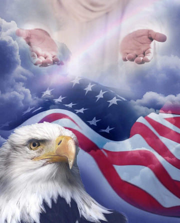 Unity Under Hands of God with American Flag and Eagle Panel Cotton Fabric