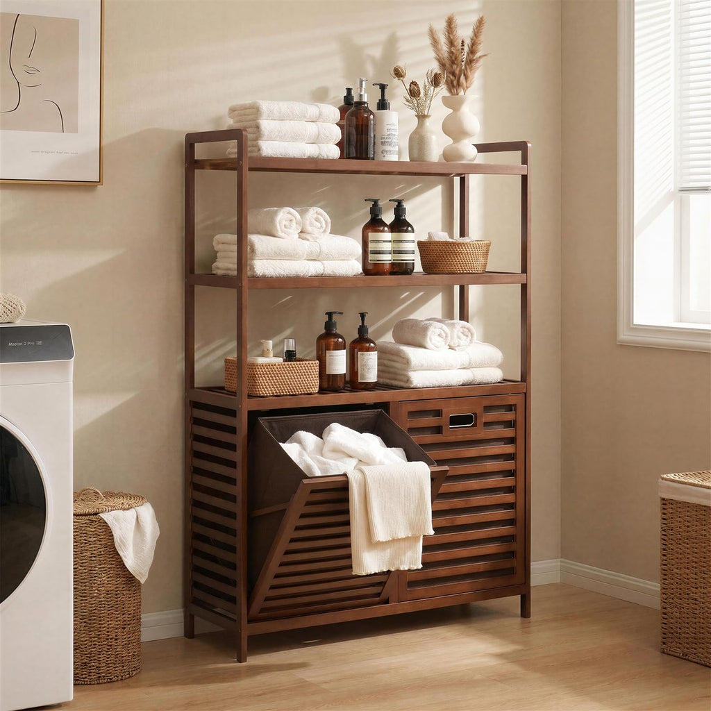Tilt Out Laundry Hamper, Bamboo Double Laundry Hamper with Shelf