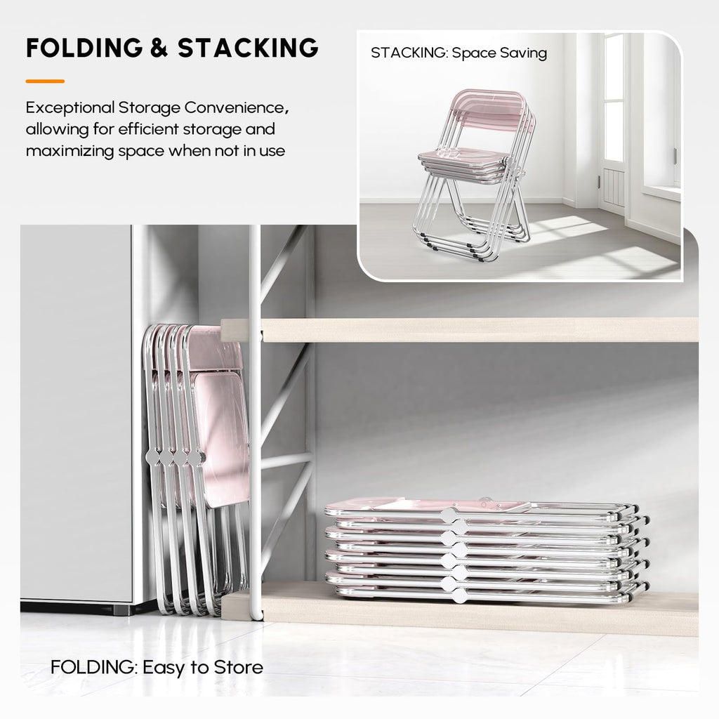Acrylic Folding Chairs 4 Pack, Clear Chair Foldable and Stackable, Plastic Panel & Metal Chrome Frame, Weight