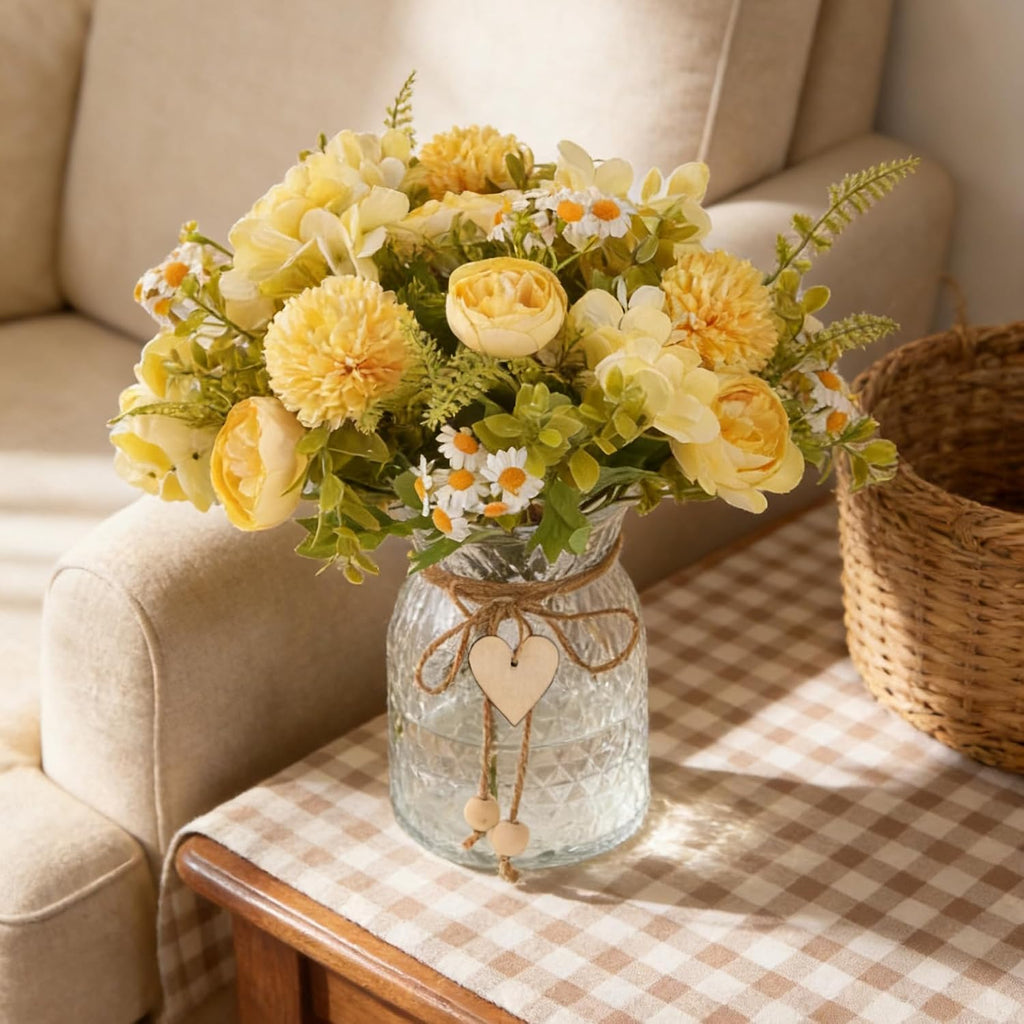Faux Flowers with Vase,Artificial Silk Peony in Vases Fake Flower Hydrangeas Arrangement for Dining Table Home Office