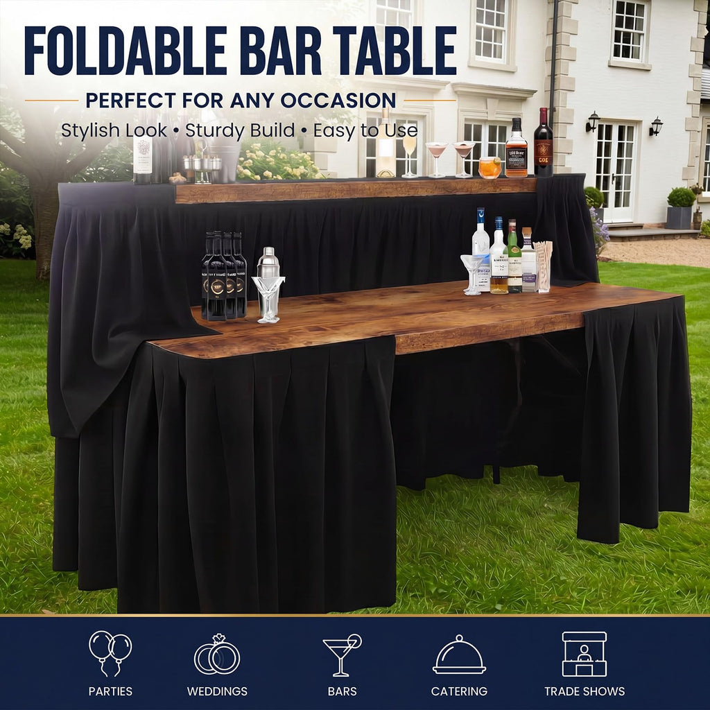 Portable Bar Top Riser Tables with Skirt, Black Skirt, 6 ft, Rustic Brown