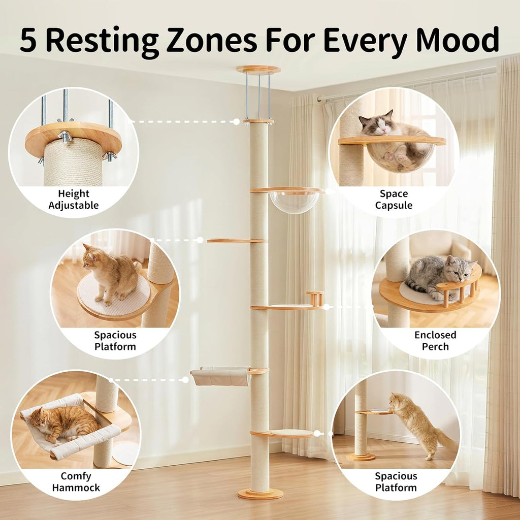 Floor to Ceiling Cat Tree Tower, Rubberwood Cat Window Perch with Cat Scratching Post, Hammock Ect, Adjustable Height
