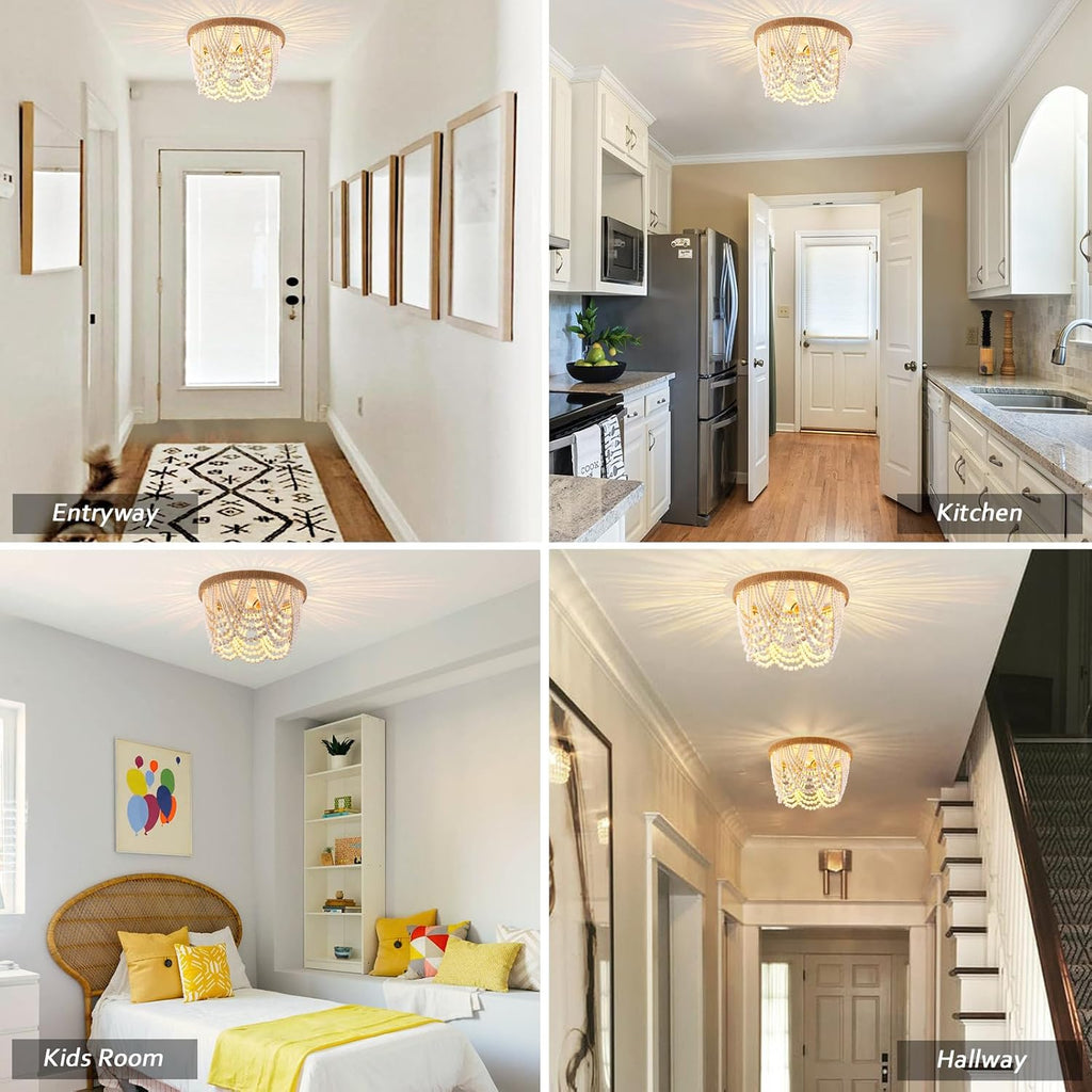 Wood Beaded Flush Mount Ceiling Light Antique Rustic Mini Chandelier Light White Boho Light Fixture