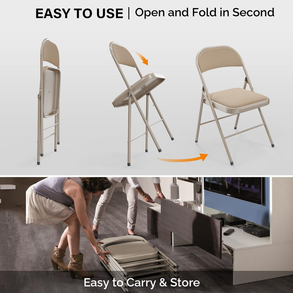 10 Pack Folding Chairs with Padded Seats, Metal Frame with Fabric Seat & Back, Capacity 350 lbs, Khaki, Set of 10
