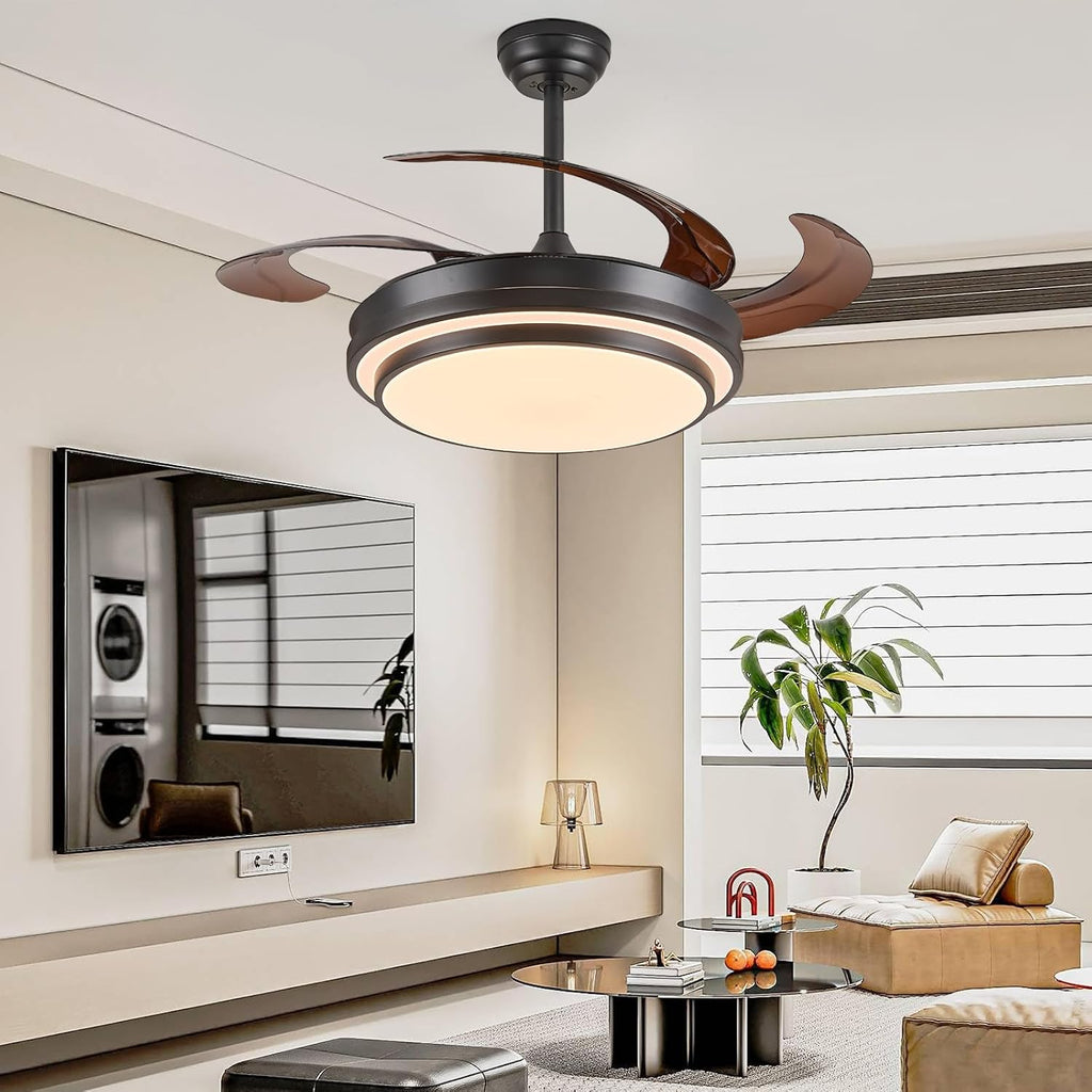 48" Modern Retractable Ceiling Fans with Lights - Black
