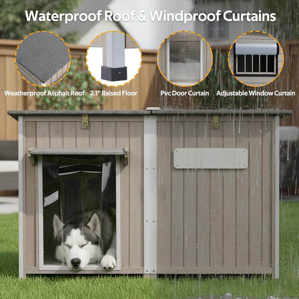 55"L Dog House Outdoor Large Breed Extra XL Wooden Dog House with Weatherproof Asphalt Roof, All-Around Iron Frame