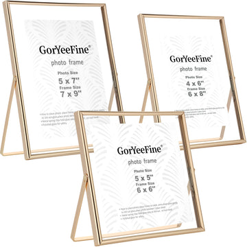 Gold Floating Picture Frames Set of 3, Metal Geometric Photo Frame with Glass Cover Includes(5x7'', 4x6''