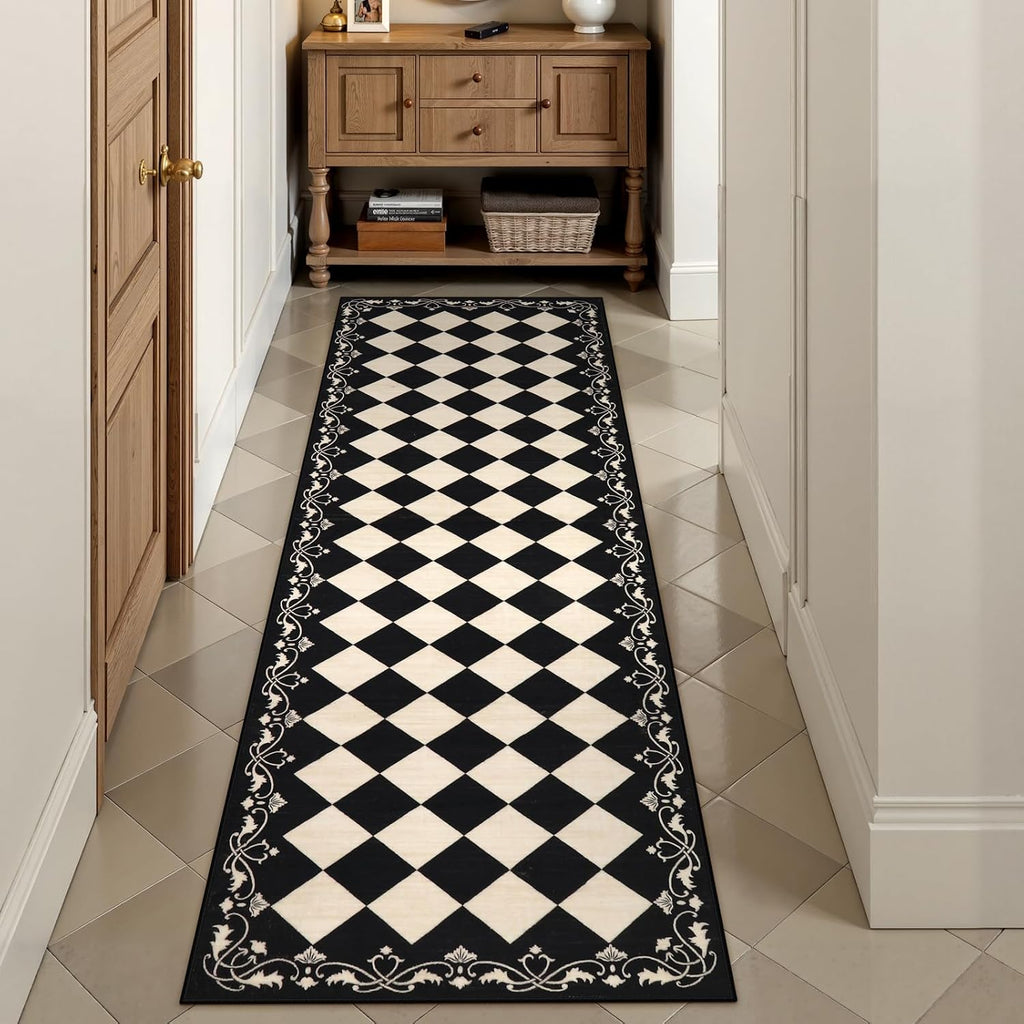 Checkered Bathroom Runner Rug, Black and White Washable Runners s Non Slip, Moroccan Trellis Rug for Besides
