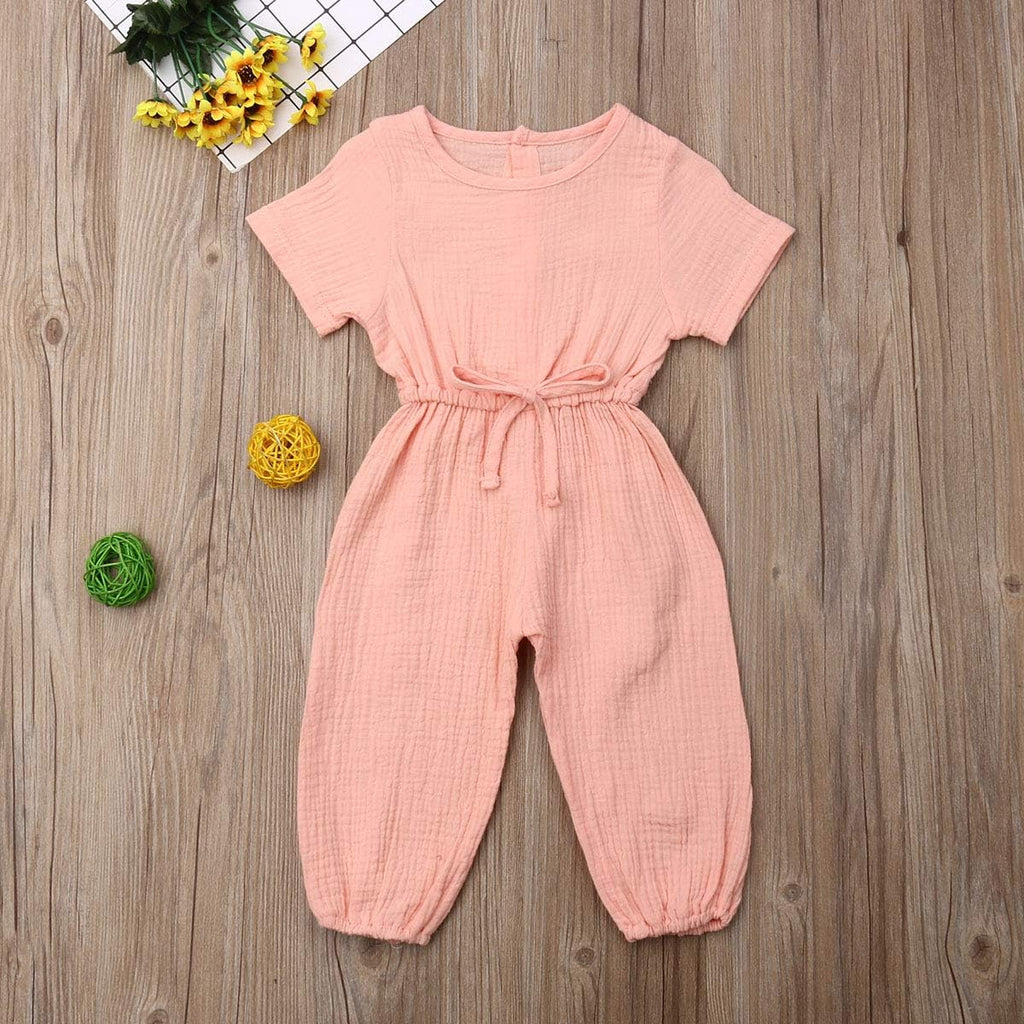 Toddler Baby Girl Summer Fall Basic Plain Short Sleeve Cotton Linen Drawstring Romper Jumpsuit