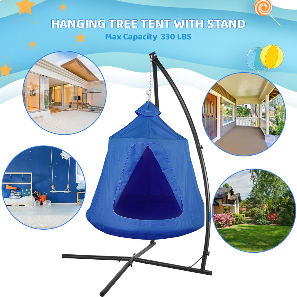 Hanging Hammock X-Stand w/Tree Tent, Swing Chair Stand w/Play Tent | Indoor Outdoor Egg Basket Patio Seat w/ Metal
