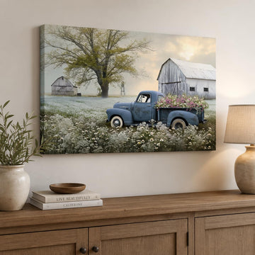Farmhouse Old Truck Canvas Wall Art, Pictures Wall Art, Country Antique Pickup Truck Canvas Prints, Blue Truck With