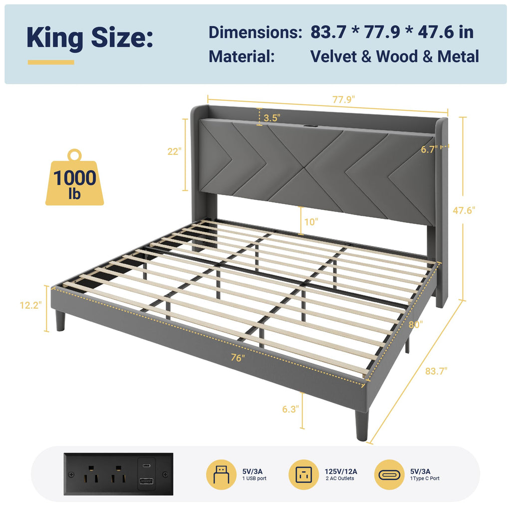 King Size Velvet Bed Frame with Charging and Shelf, Grey