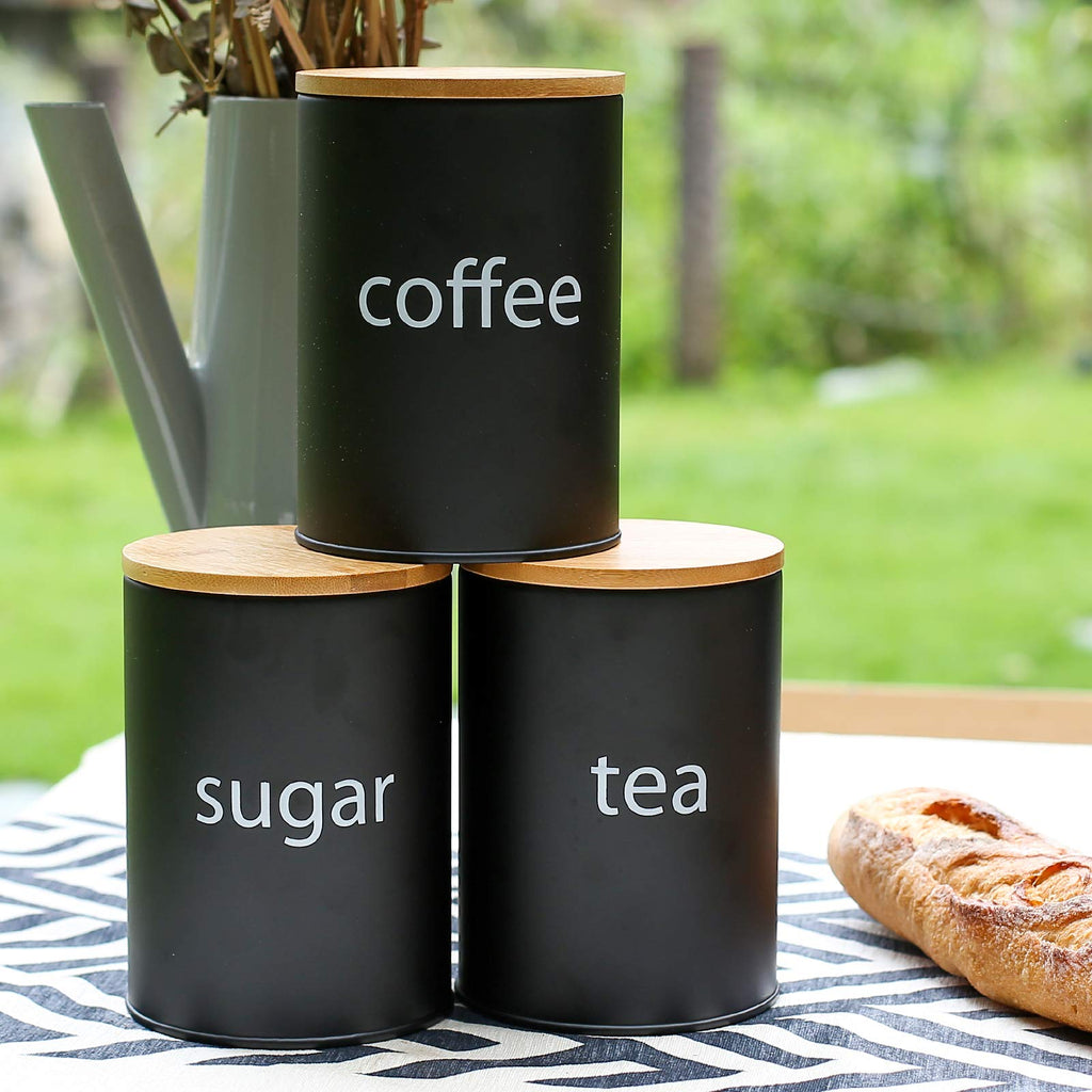 Metal Food Storage Jar Farmhouse Coffee Canisters with Bamboo Lids, Black Kitchen Canisters Set of 3 Decorative
