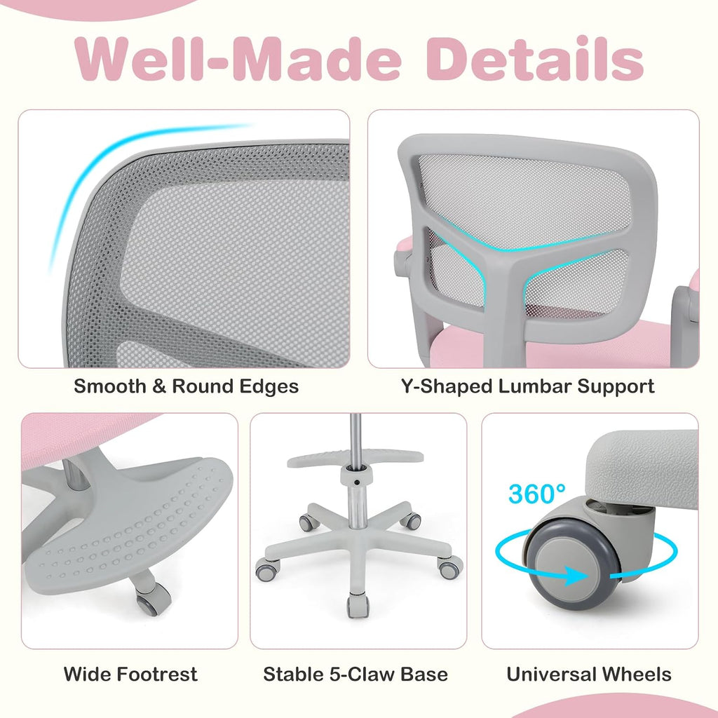 Kids Desk Chair, Children Study Chair with Adjustable Height/Armrest/Footrest, Swivel Rolling Mesh Task Student