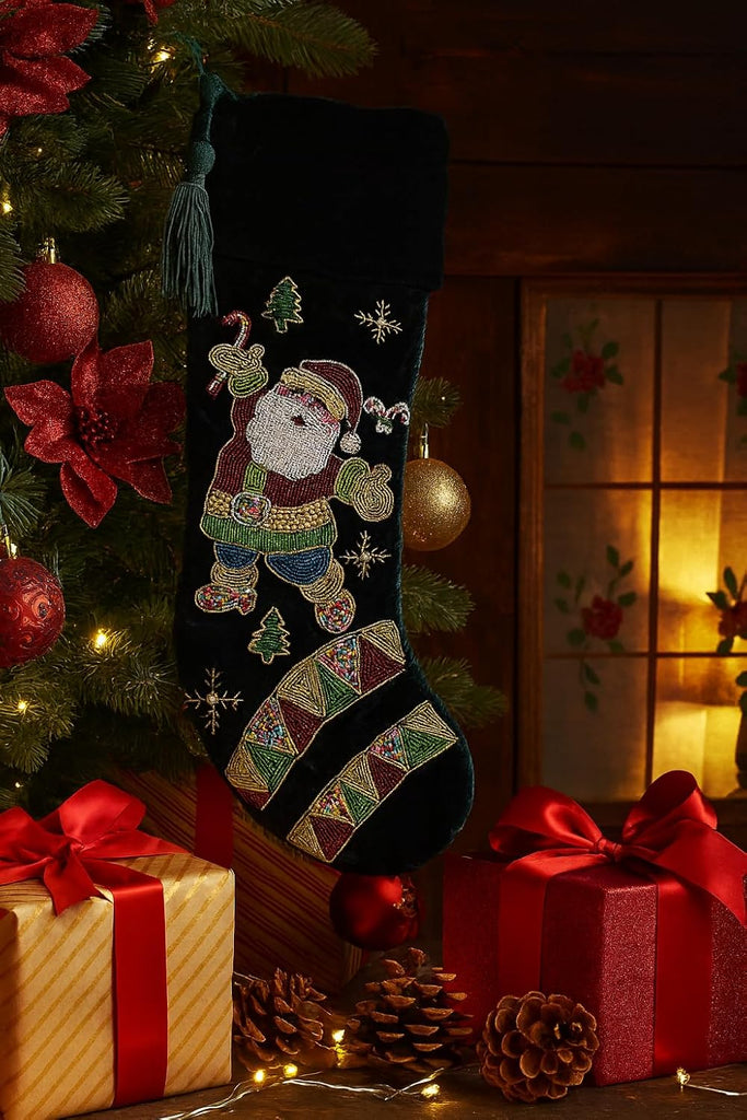 Luxury Green Velvet Christmas Stocking with Beaded Santa Claus Embroidery, Handmade Holiday Stocking with Tassel