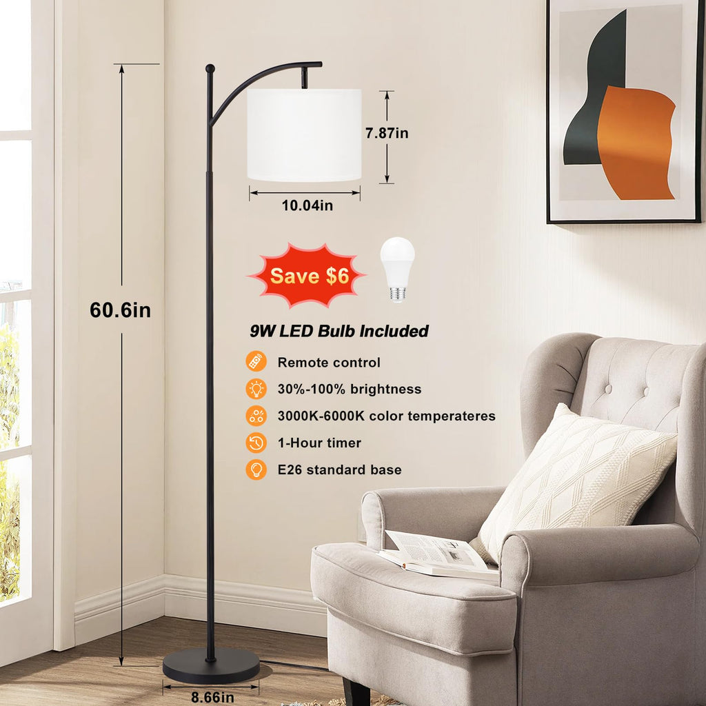 60" Floor Lamp with Remote and Stepless Dimmable Bulb, Black Pole